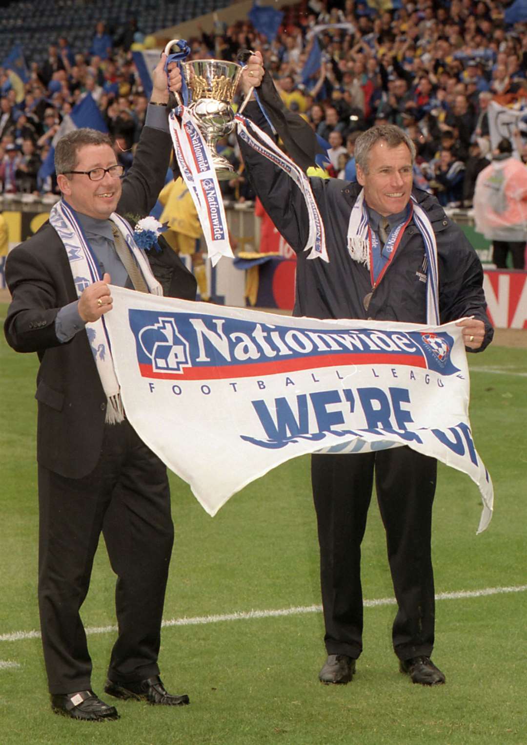 After the heartbreak in 1999, Paul Scally and Peter Taylor celebrate promotion to Division 1 at Wembley in 2000