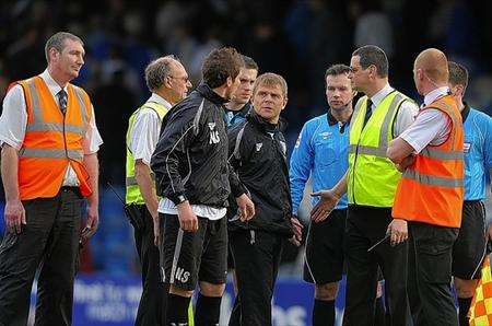 Andy Hessenthaler and Nicky Southall remonstrate with the officials at the full time whistle