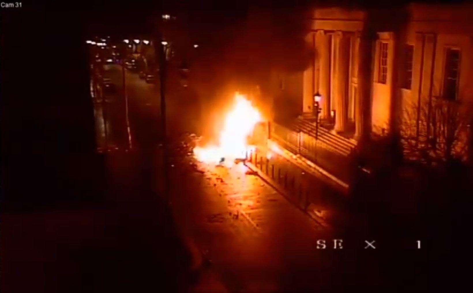 Screengrab from CCTV footage dated 19/01/19 issued by the PSNI showing a car bomb moments after it exploded outside the court house on Bishop Street in Londonderry shortly after 8pm on Saturday.