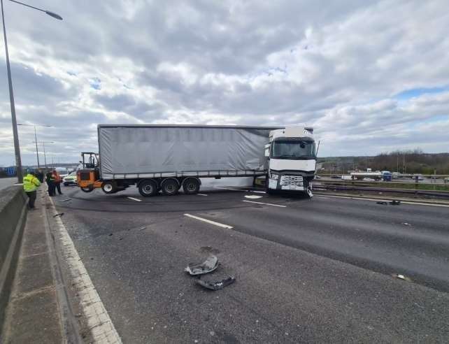 The lorry is precariously perched Picture: Highways England