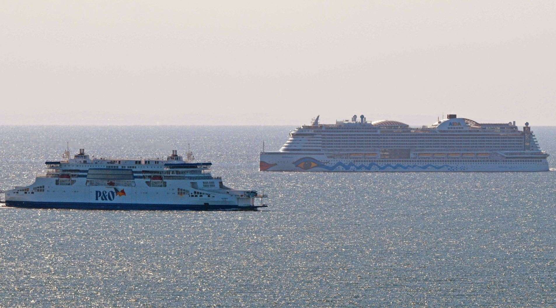 The AIDAPerla seen passing a P&O ferry as it headed back towards Ramsgate this morning Picture: Dover Strait Shipping - FotoFlite / Paul Joliffe