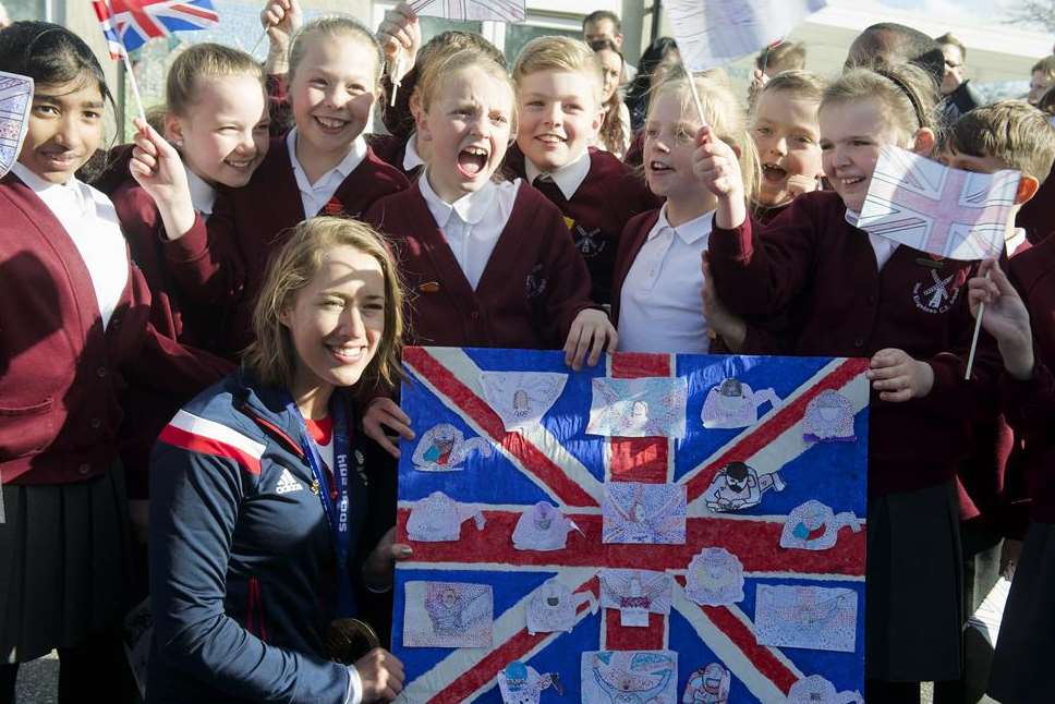 Lizzy Yarnold with pupils from West Kingsdown CE Primary School