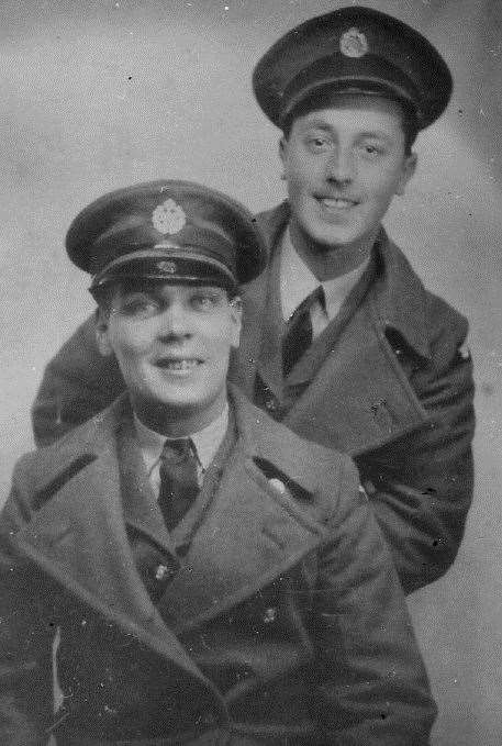 Lawrence with a RAF pal in 1940, aged 19. Picture: Lawrence Harbutt