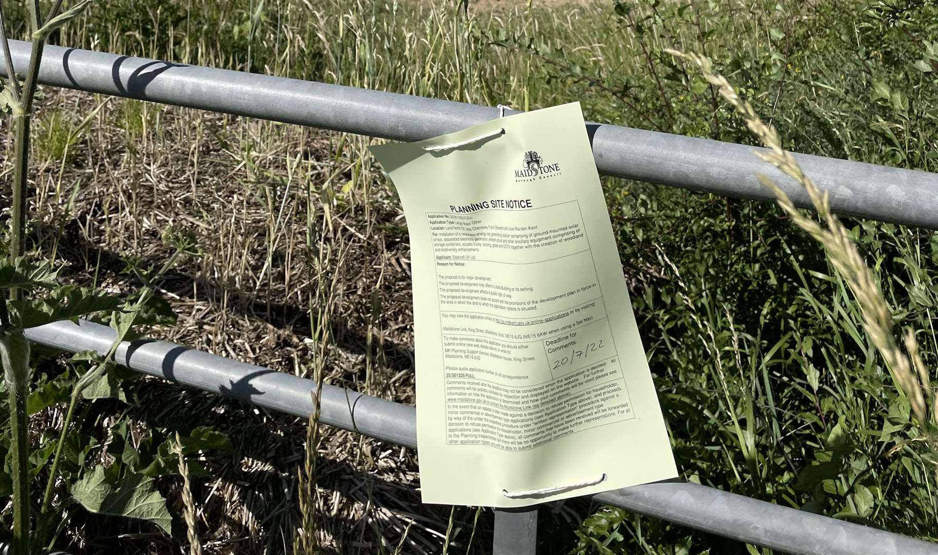 The planning application notice at the proposed site of the solar farm