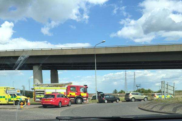 Emergency services at the scene of a crash near the Kingsferry Bridge. Picture via @SashOnVocals