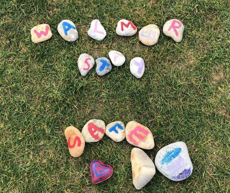 Painted pebbles brighten the grass area along The Strand Picture: Brighid Finn