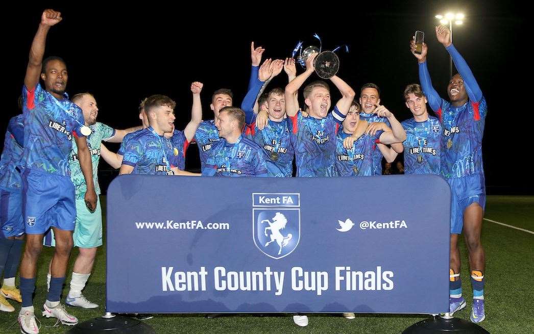 Margate under-23s celebrate their Kent Intermediate Cup win. Picture: PSP Images