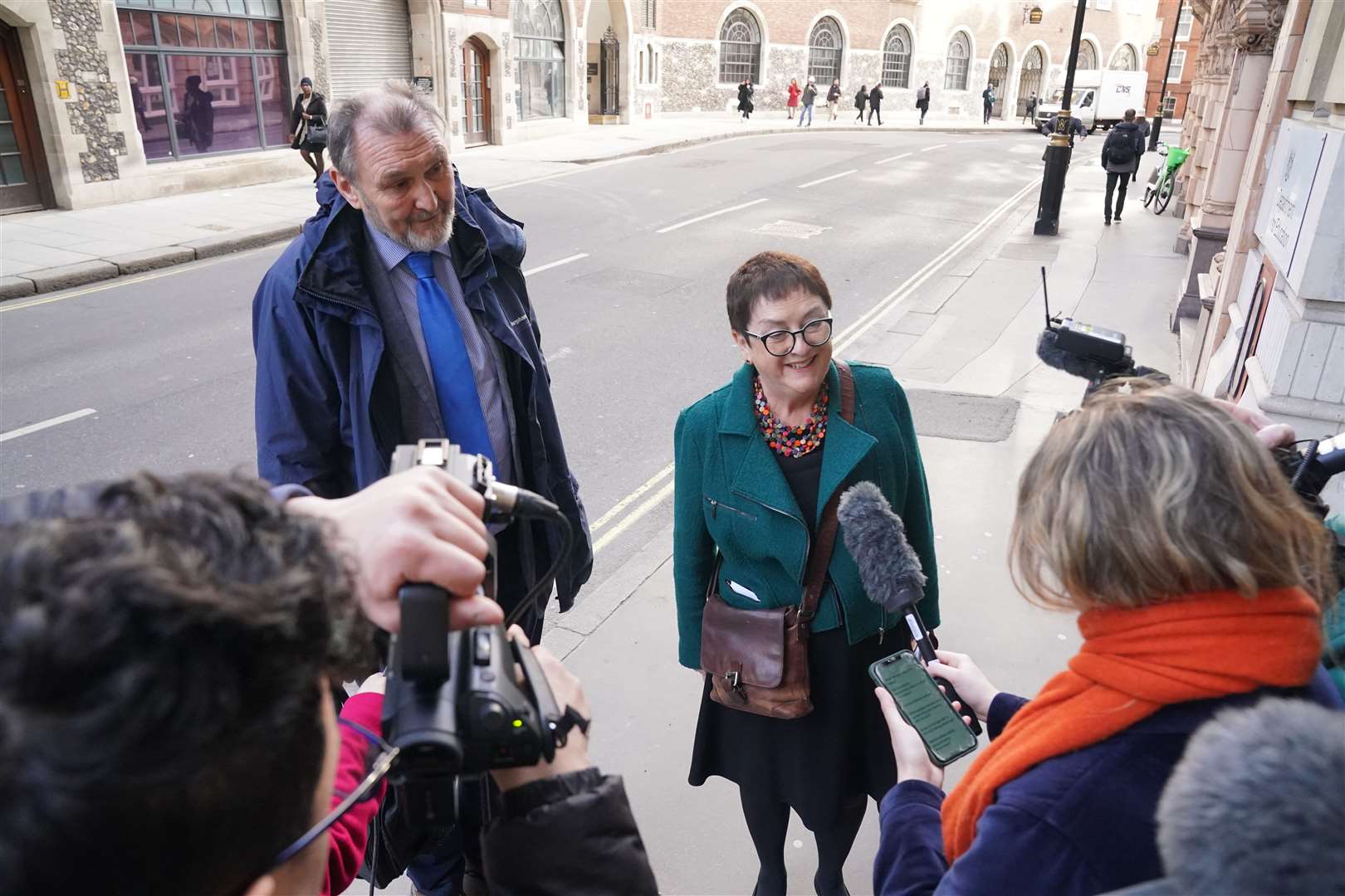 Kevin Courtney and Mary Bousted, joint general secretaries of the National Education Union (NEU) speak to the media outside the Department of Education in London, before last-ditch talks with Education Secretary Gillian Keegan (Jonathan Brady/PA)