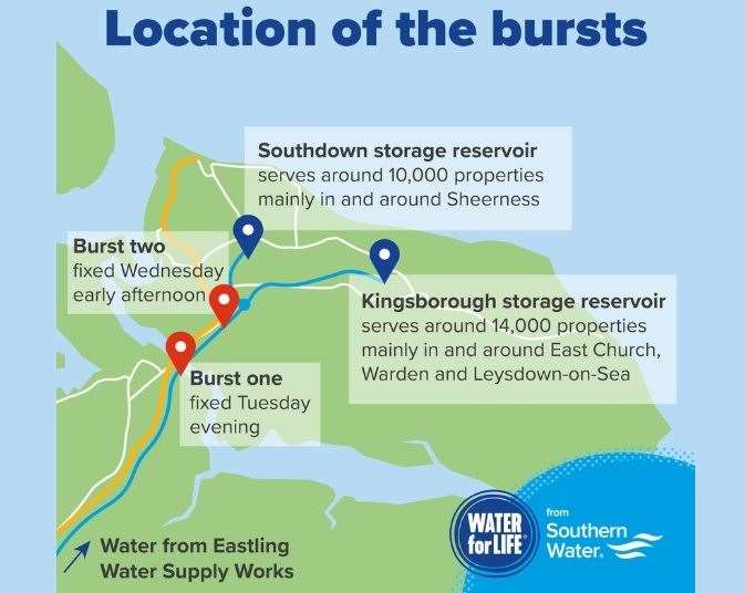 Southern Water map showing repairs needed to bring water back to the Isle of Sheppey