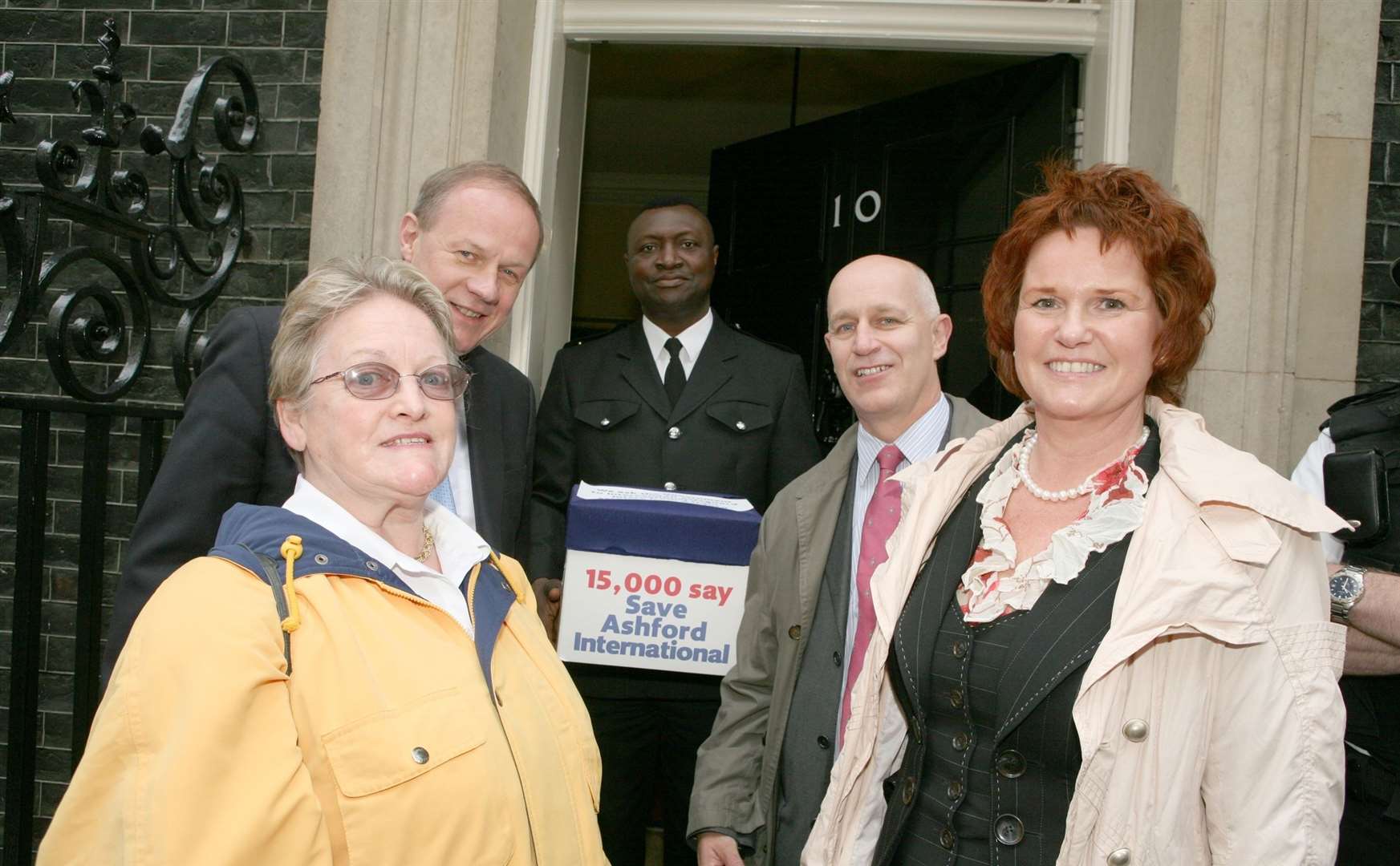 In 2007, a 15,000-signature petition protesting against Eurostar cuts to the Ashford International station services was handed in at 10 Downing Street by, left to right, Edith Robson, Ashford MP Damian Green, and Kent MEPs Peter Skinner and Sharon Bowles