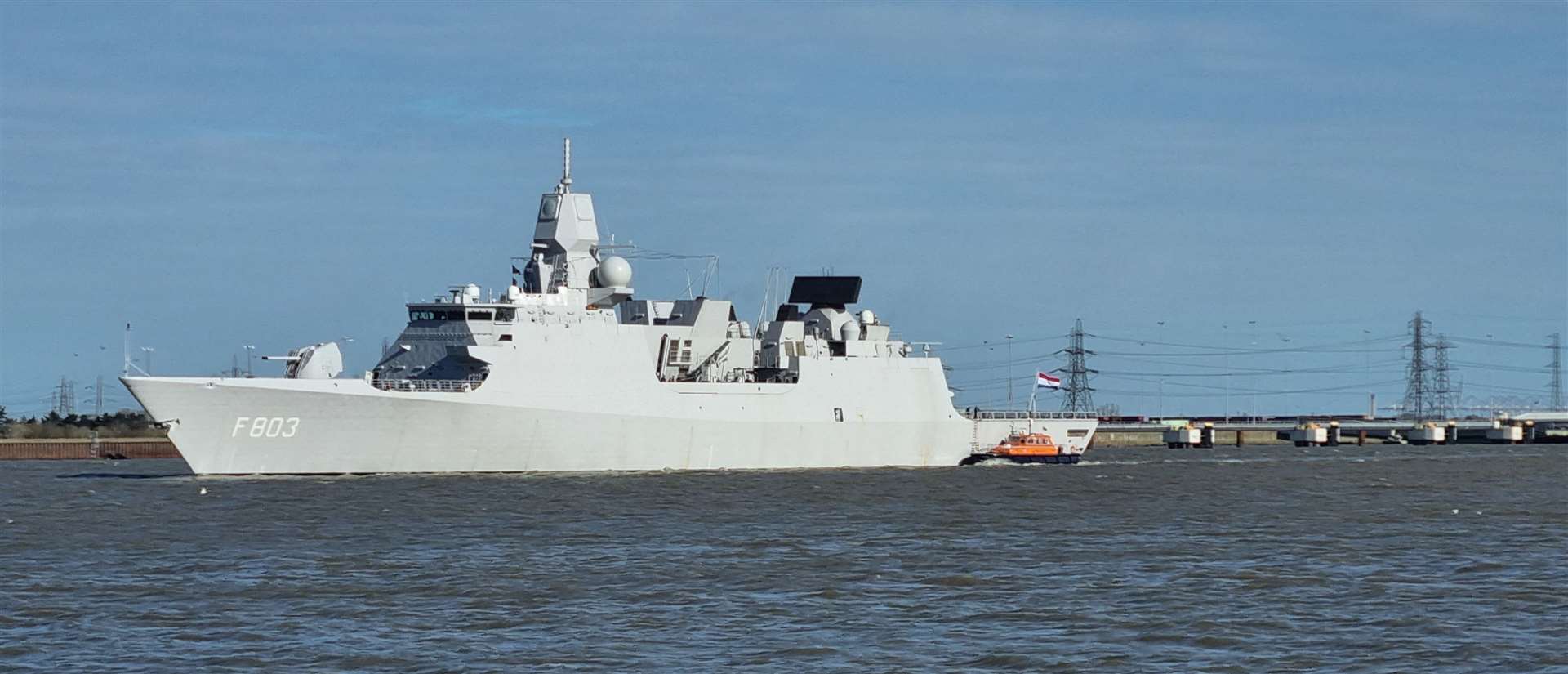 HMLNS Tromp sails up the River Thames past Gravesend at about 12.15pm