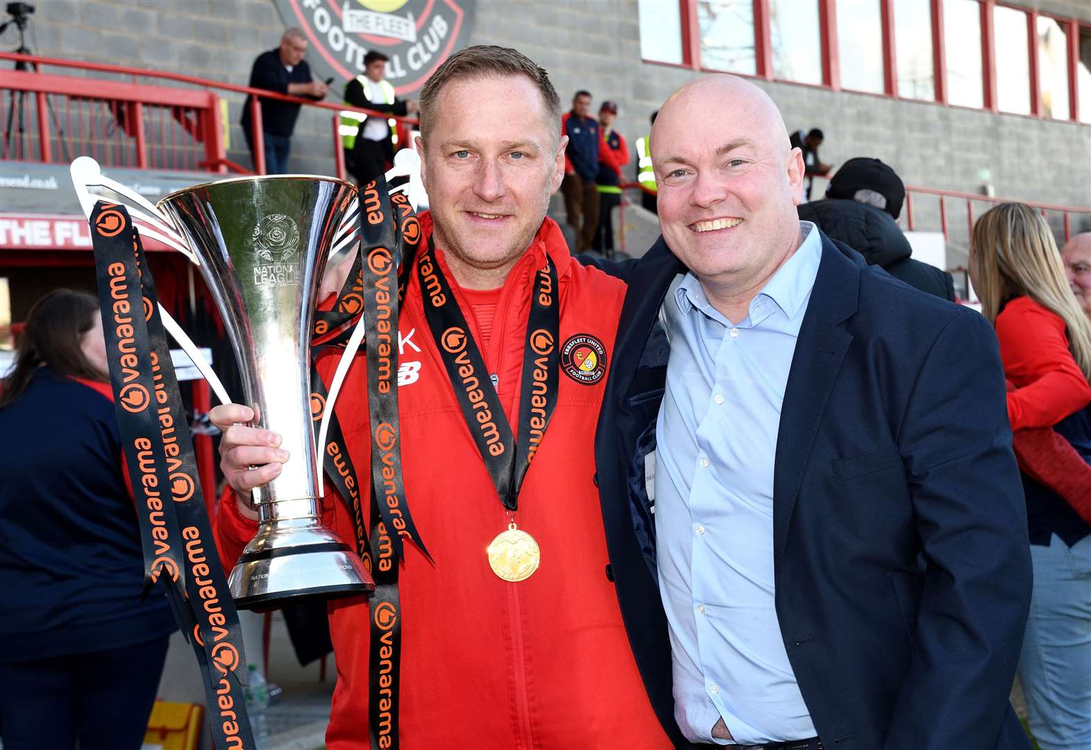 Ebbsfleet boss Dennis Kutrieb and chief executive Damian Irvine with the National League South trophy after Friday's win over Oxford City. Picture: Simon Hildrew