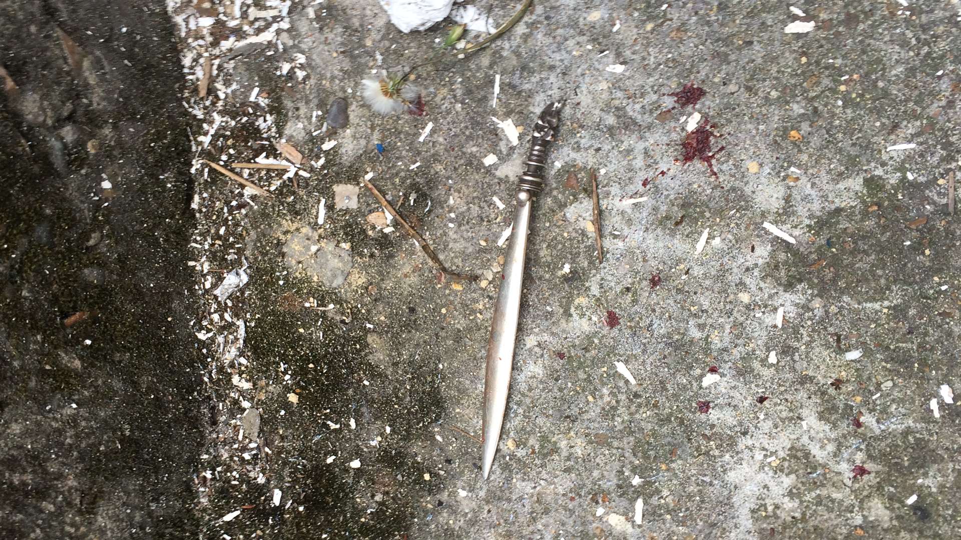 A knife found at the scene of the crime with a splatter of blood next to it