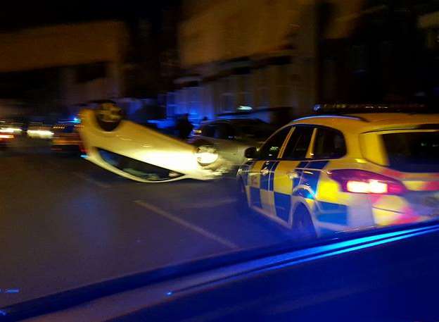 A car flipped on to its bonnet in Crabble Hill