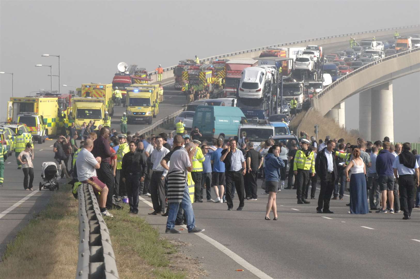 The scene at the Sheppey Crossing following the huge pile up in 2013