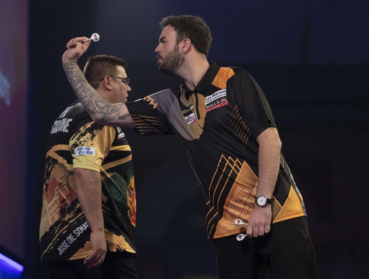 Ross Smith in second round action at the Alexandra Palace against Jose de Sousa Picture: Lawrence Lustig/PDC