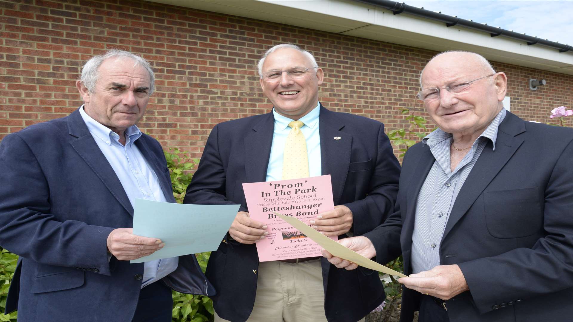 John Trickey of the Deal, Walmer and Kingsdown Carnival and Regatta Association with Chris Danican of Ripplevale School and John Goold of the Betteshanger Colliery Band