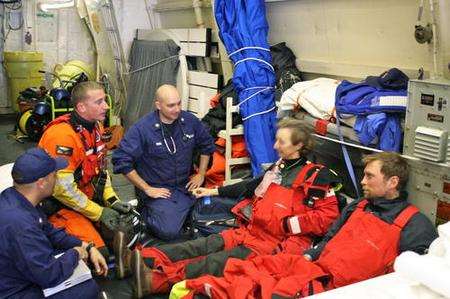 Jane Hitchens (second from right) after being rescued by the US Coast Guard. Picture: US Coast Guard/Cutter Bertholf