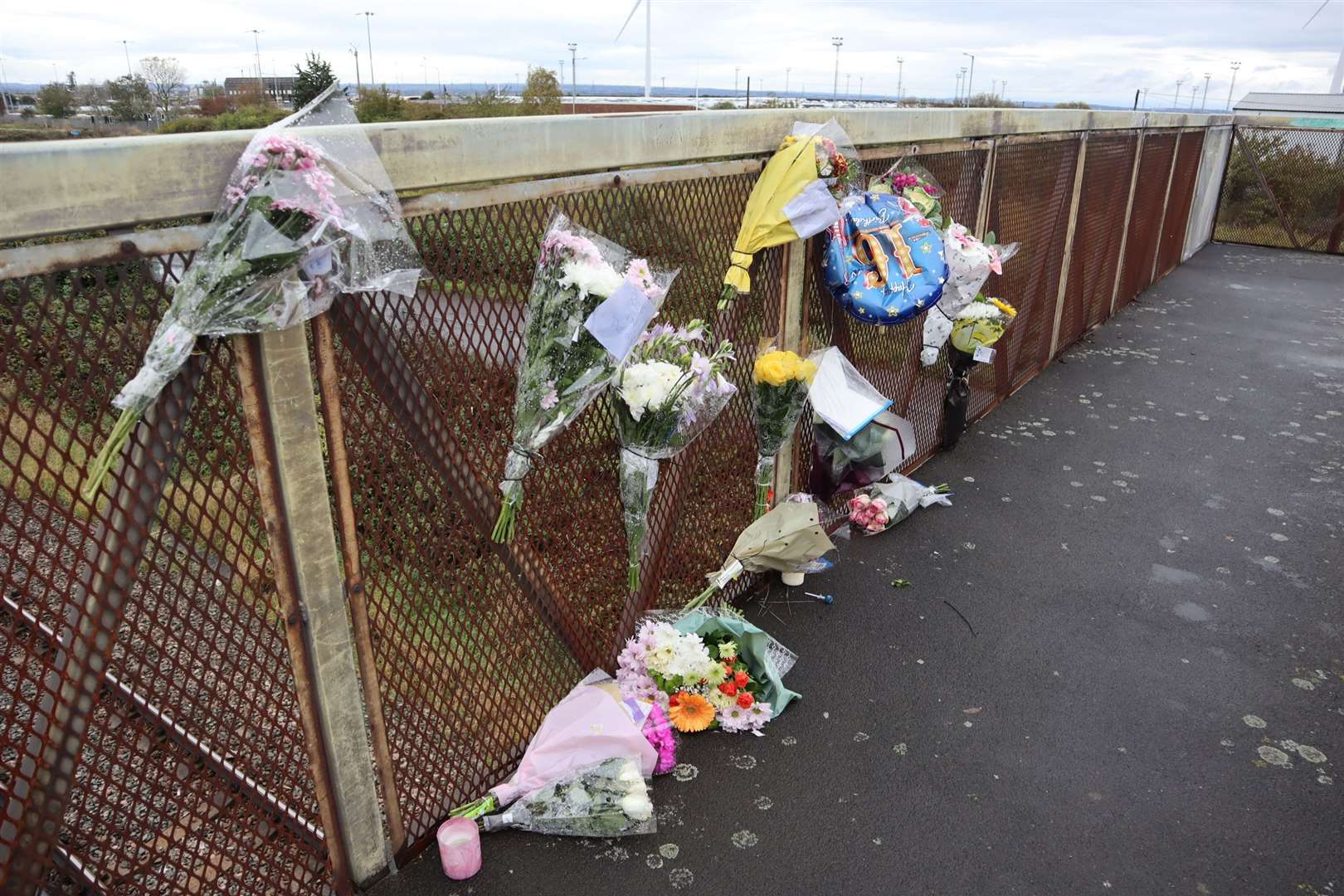 Floral tributes and a 16th birthday balloon left for Ellis on the pedestrian bridge