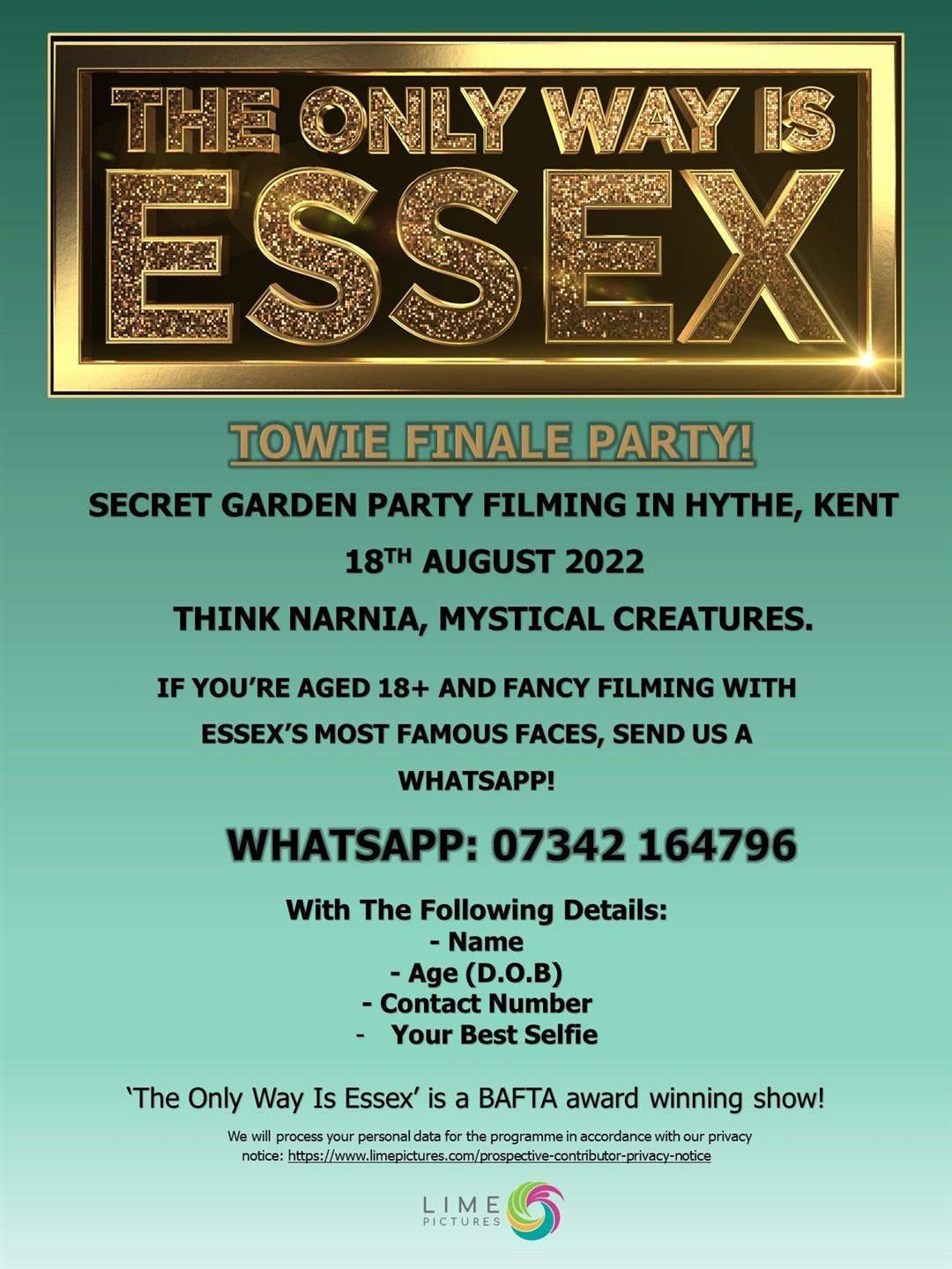 TOWIE is inviting people in Kent to appear in the last episode. Lime Pictures