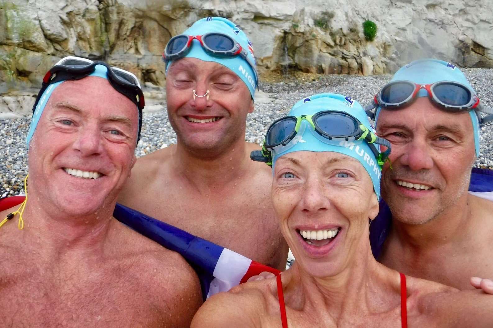 The Channel swimming team. From left Steve Lodge, Nigel Stock (face still hurting from jellyfish stings!), Diane Murphy Weaver and cardiac arrest survivor Steve Fish