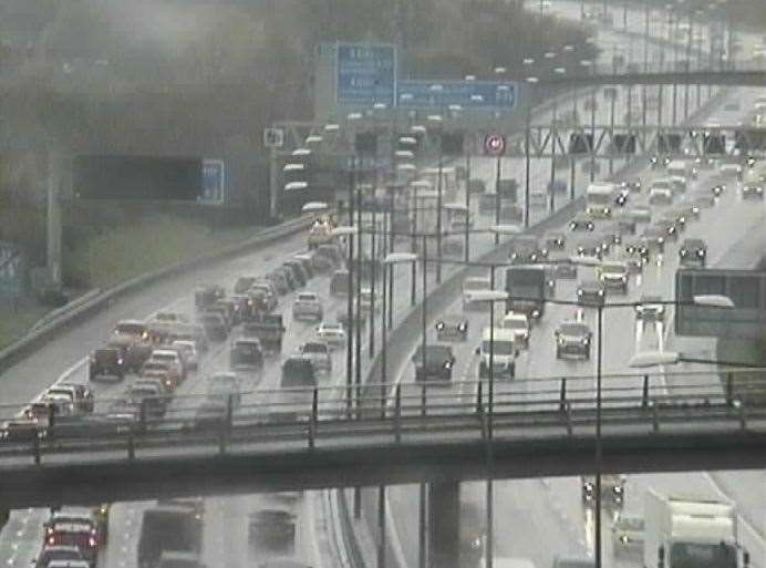 Queues built up after the crash this morning between Swanley and the Darenth Interchange, near Dartford. Picture: National Highways