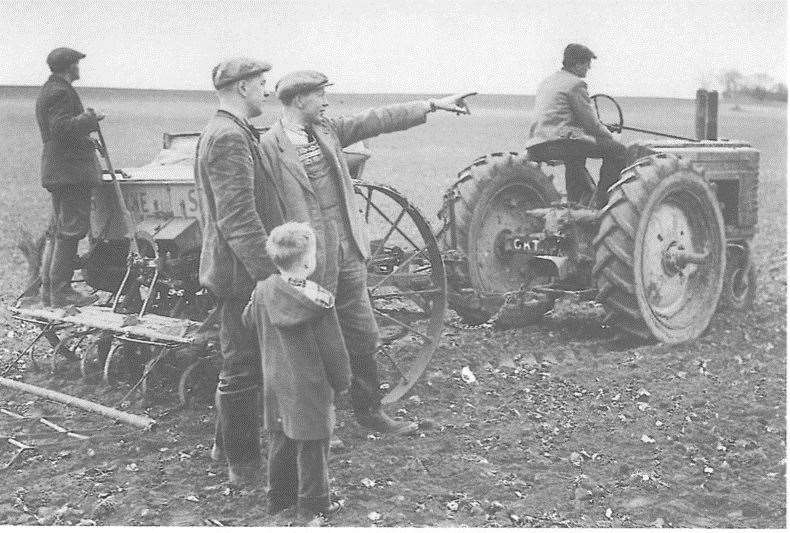 From 1957, David Clarke (tractor) Steve Ledner (drill), James, William and young William. Picture: Castle Farm