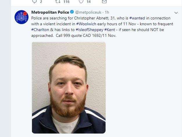 The tweet issued by the Met Police asking for help to find Christopher Abnett (5335942)