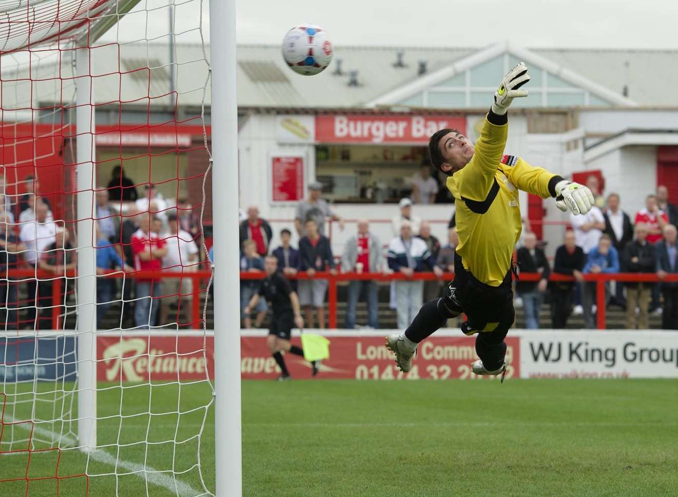 Karn Miller-Neave's free-kick flies past Hythe goalkeeper Dan Eason Picture: Andy Payton