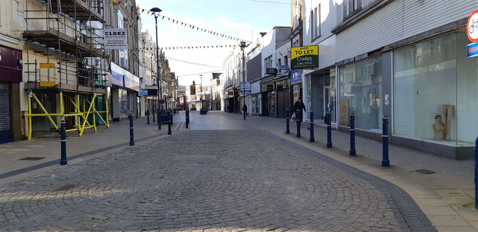 High street life was also changed by coronavirus. Dover's Biggin Street precinct deserted just after the first lockdown, March 2020