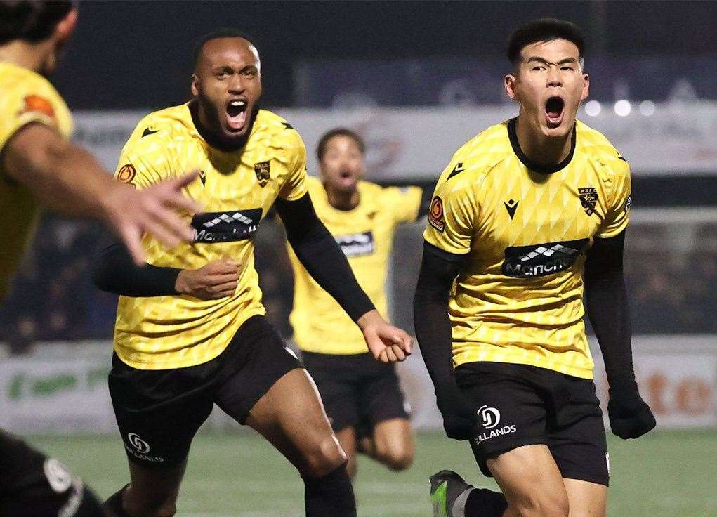 Bivesh Gurung celebrates his winning goal for Maidstone in the FA Cup against Barrow. Picture: Helen Cooper