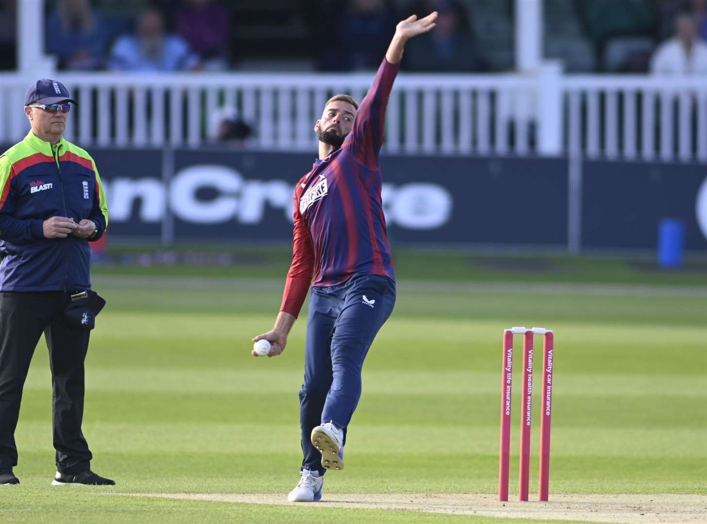 Jack Leaning in action bowling spin against Gloucestershire in the T20 Blast at Canterbury. Picture: Barry Goodwin