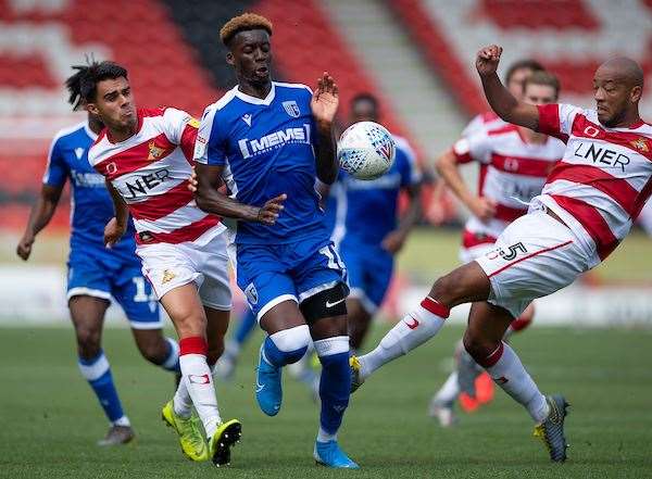 Mikael Ndjoli in possession for Gillingham at Doncaster Picture: Ady Kerry