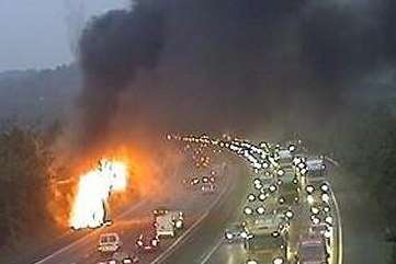 Coach erupts in flames on the M25 near Swanley. Picture: Highways Agency