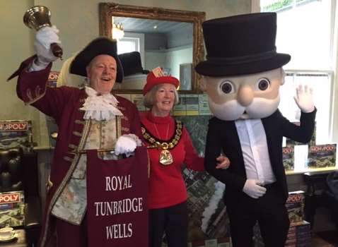 The town crier, Mayor of Tunbridge Wells, cllr Julia Soyke, and Mr Monopoly