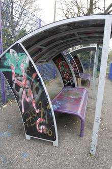 Vandalised seating area in Victoria Park, Ashford