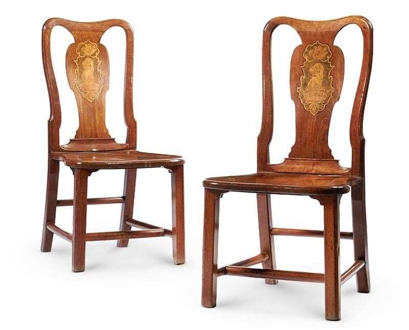 A pair of 18th early 19th century Chinese export padouk and marquetry chairs, formerly from Godmersham Park country house in Kent, are estimated between £5,000 and £8,000