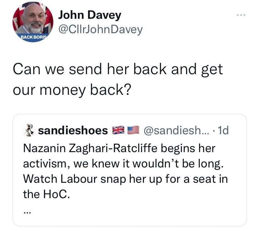 Bexley Conservative councillor John Davey has been suspended after tweeting about Nazanin Zagahir-Ratcliffe. Picture: Twitter