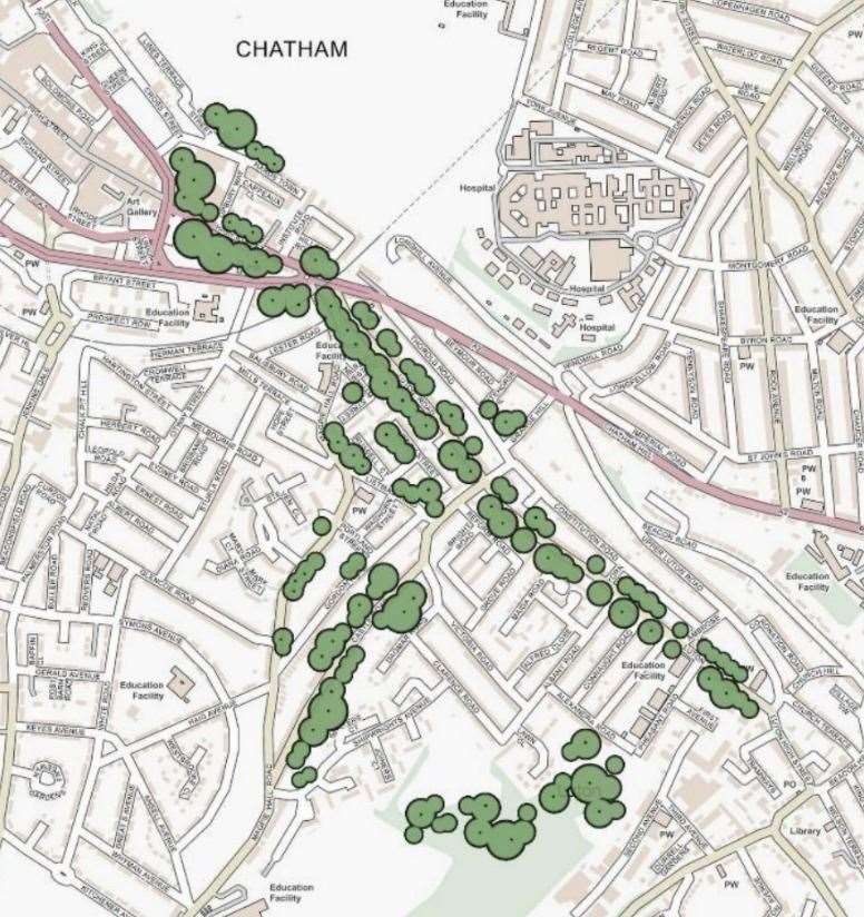 A proposal of where trees could be planted in Chatham and Luton. Picture: ACNF