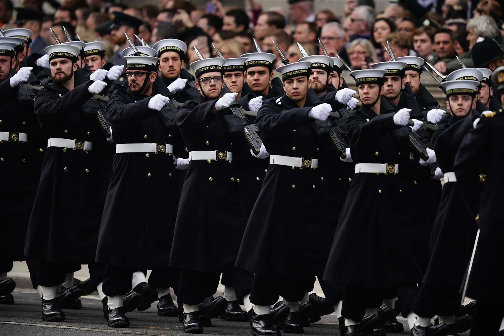 Service personnel arrive on Whitehall ahead of the Remembrance Sunday service at the Cenotaph (Aaron Chown/PA)
