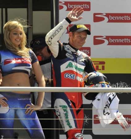 Shane Byrne on the rostrum at Brands Hatch. Picture: Andy Payton