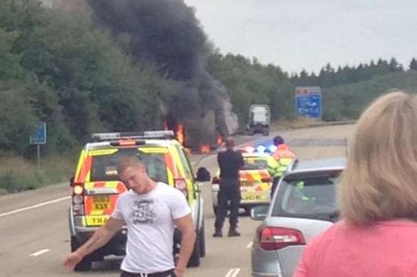 The lorry fire which has shut the M20 in both directions around Leeds Castle