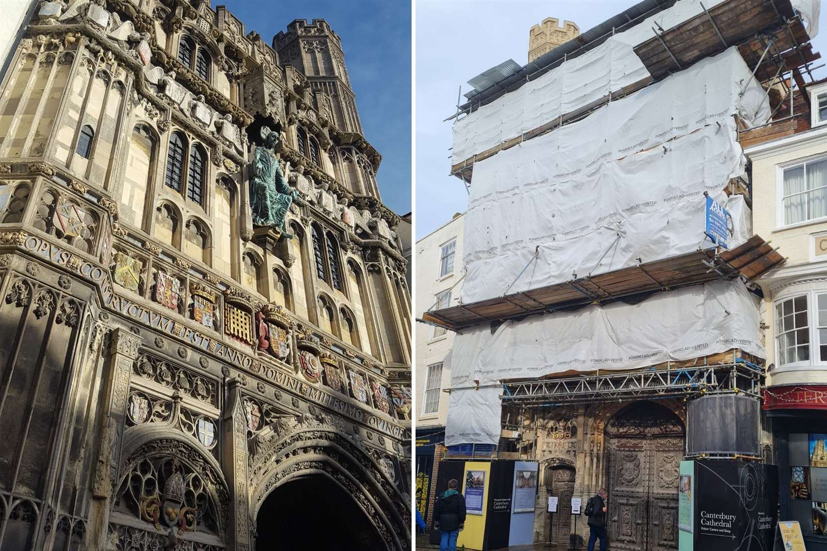 The entrance before the restoration, and covered in scaffolding during the work