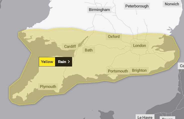 Yellow weather warning issued across Kent and the south Picture: Met Office