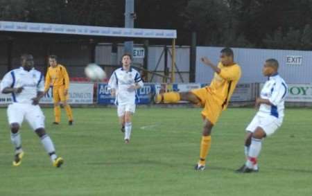 IN TOP GEAR: Errison Ahwan driving home the winner against Thurrock, Picture: STEVE TERRELL