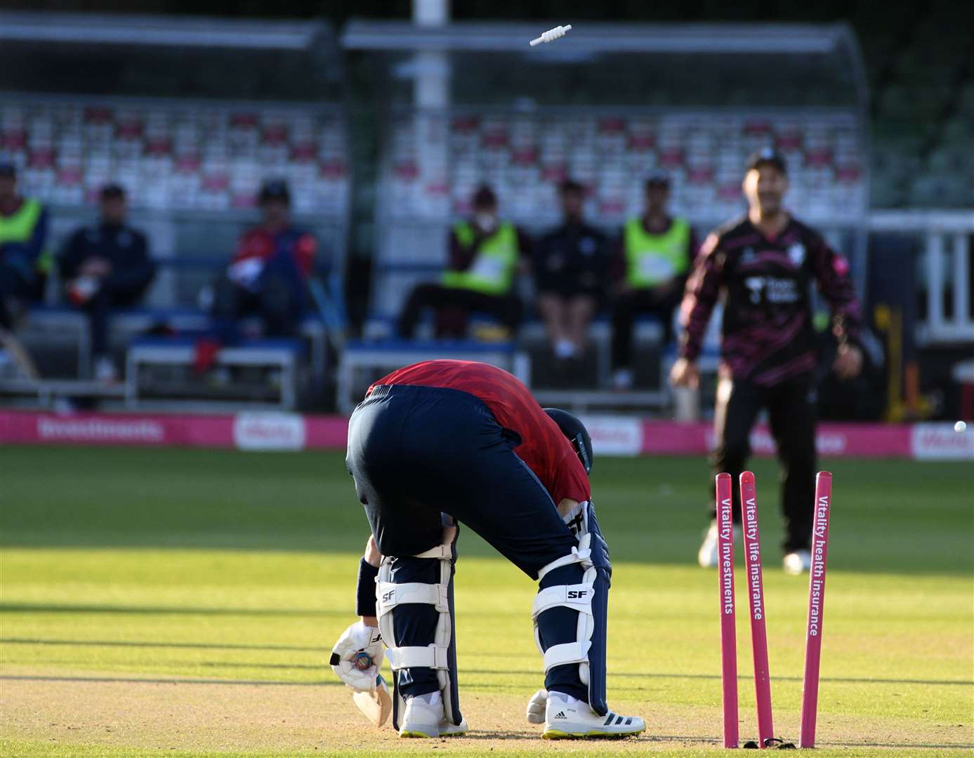Kent's Joe Denly is bowled by one that kept low against Somerset. Picture: Barry Goodwin