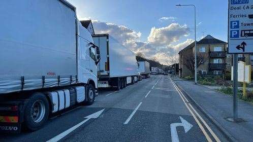 Lorries queuing in Maison Dieu Road, Dover. Picture: Kevin Clark