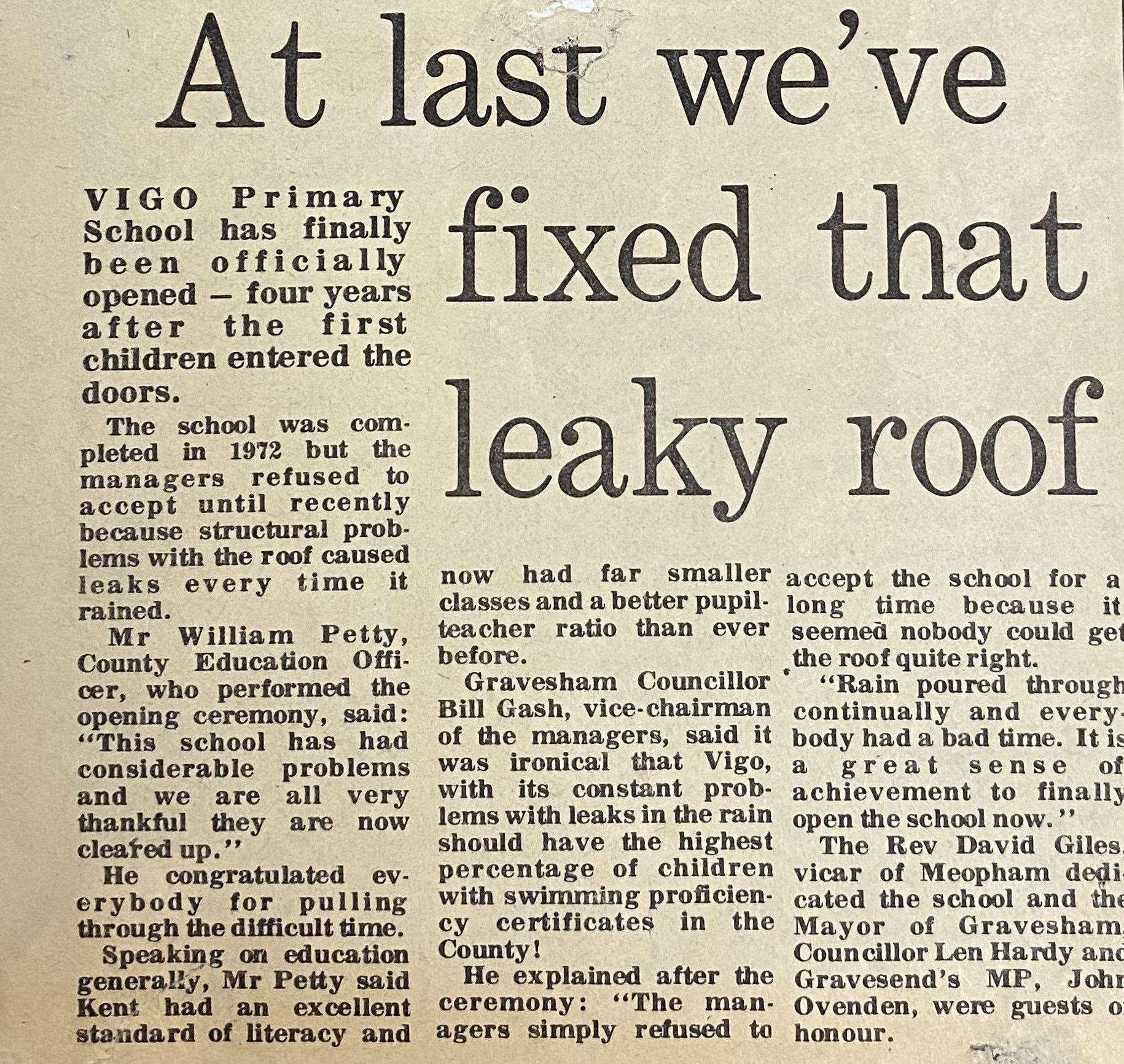 A newspaper from when the roof was fixed in 1976. Picture supplied by: Vigo Village School