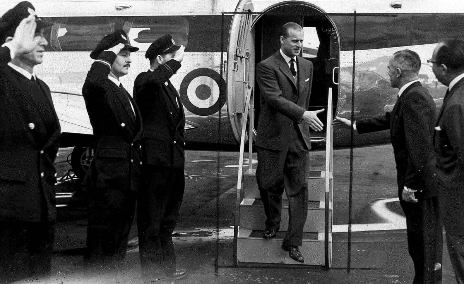 His Royal Highness greets the crew of a Bristol Freighter that flew him to France from Ferryfield Airport, Lydd in April '56