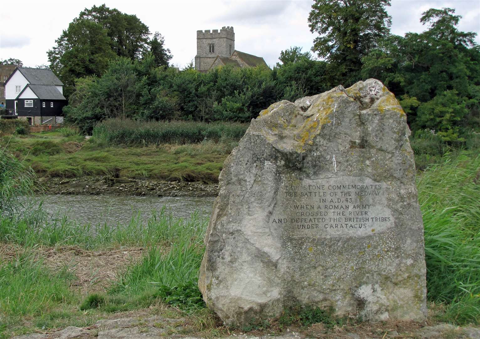This stone at Burham Marshes, with All Saints Church at Snodland seen behind, commemorates "The Battle Of The Medway" in AD43. Image: Brian Henman